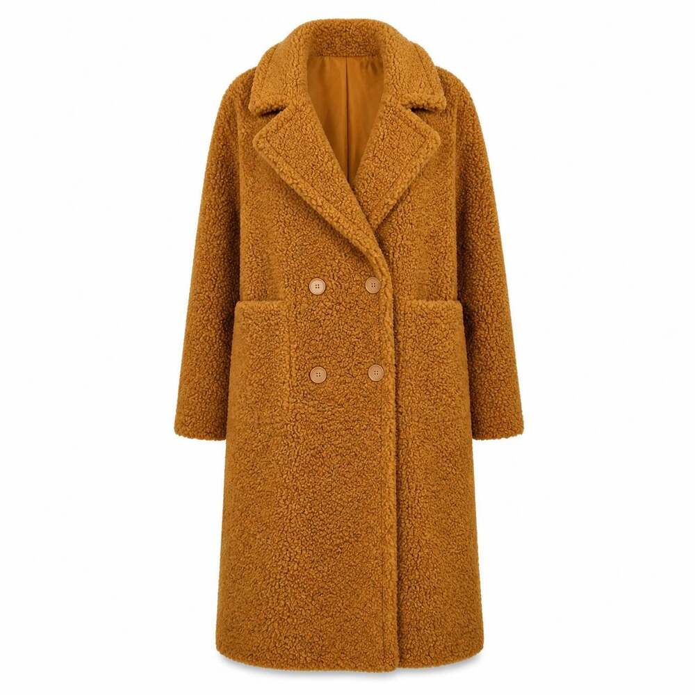 Nine West Long Teddy Bouclé Coat Women's L Cognac Double Breasted NWT Retail $98